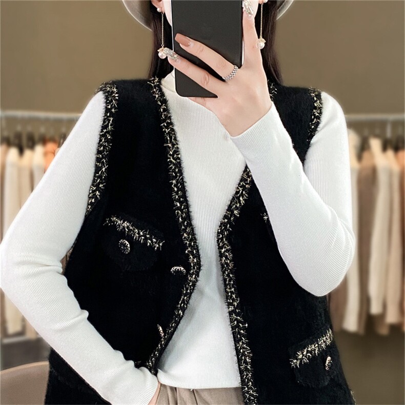 时尚女装水貂绒马甲外套优雅显瘦无袖背心冬季保暖百搭单品,女装马甲,暖姿羊绒