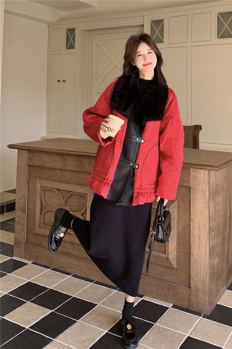 红色羊羔毛领派克羽绒服女2026冬季新款时尚皮毛一体加厚保暖外套,女装羽绒服,2C159