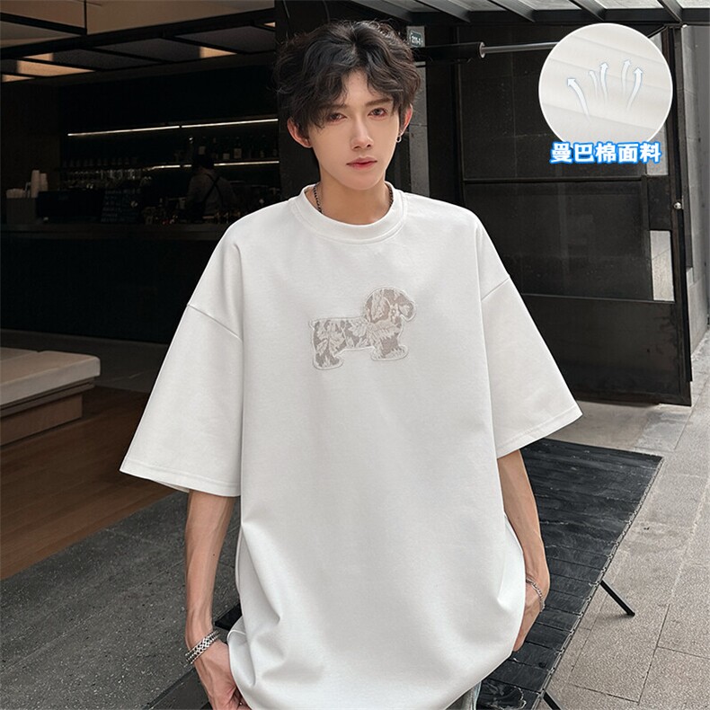 特批P26无差价夏季刺绣腊肠狗曼巴棉时尚百搭短袖宽松T恤男T5095,男装T恤,电商A001