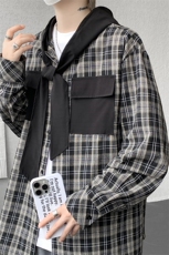 春夏新品原创小众设计感连帽系带长袖衬衫男士拼接格纹长袖衬衣潮，男装衬衫，电商B319
