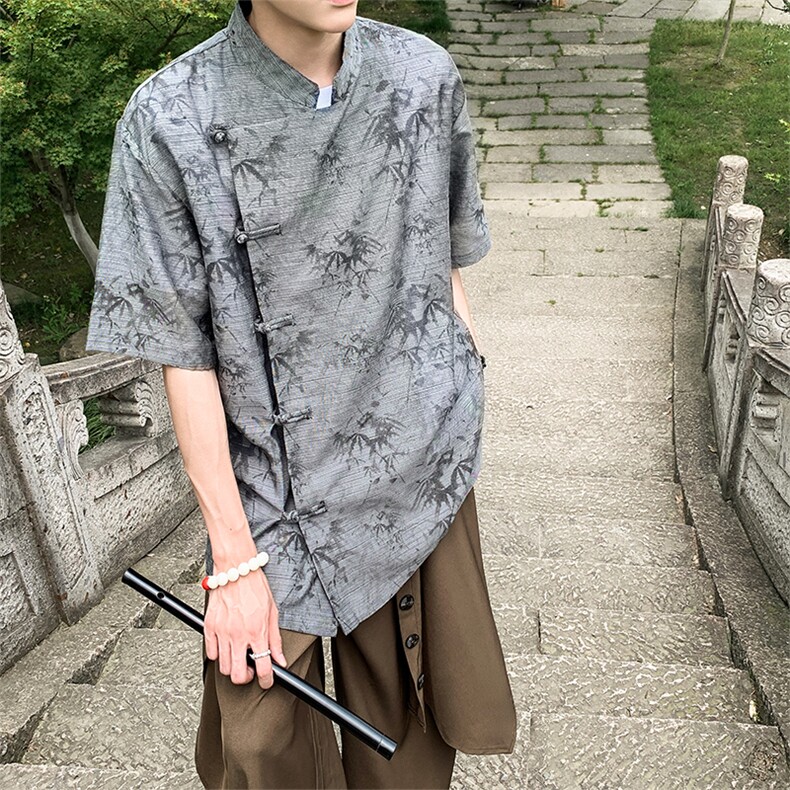 现货真棉麻新中式风新款24夏季竹叶提花短袖上衣CS35-P65,男装T恤,电商A021