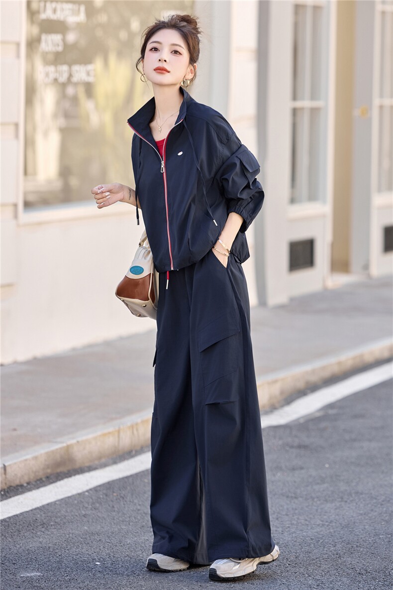 休闲撞色拼接工装套装女2025春秋新款干练时尚高级感阔腿裤三件套,女装套装/套裙,意芙