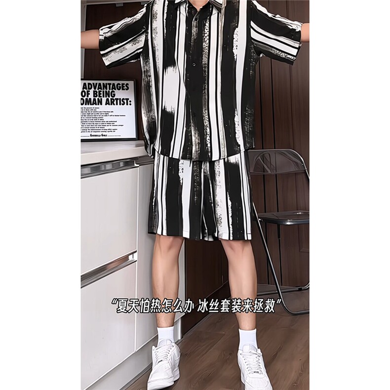 短袖衬衫男+短裤男套装男100%聚酯纤维M-5XL大码TZ78718P50控98,男装牛仔裤,星座226-1