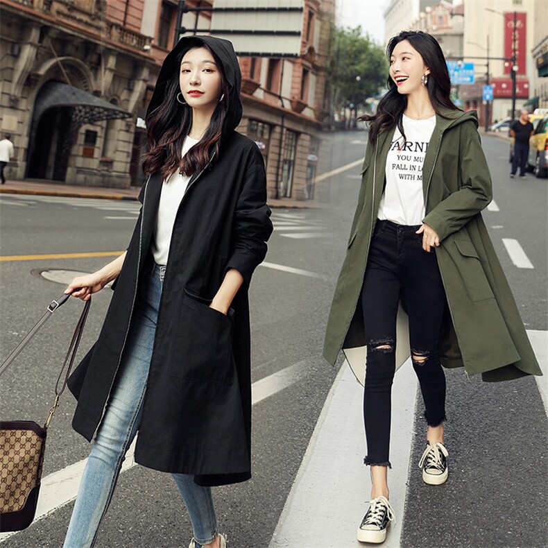 2021春秋款中长款不规则纯色连帽拉链风衣舒适潮流气质百搭修身，女装风衣，辉之琳