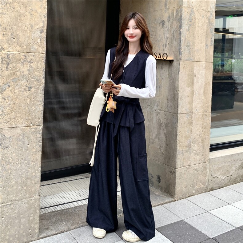 韩系通勤风套装女2025秋季新款洋气减龄马甲T恤百搭阔腿裤三件套,女装套装/套裙,维壹