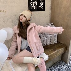 粉色羊羔毛外套女冬季2025年新款韩系皮毛一体加厚保暖毛茸茸棉服，女装毛呢外套，帛香坊