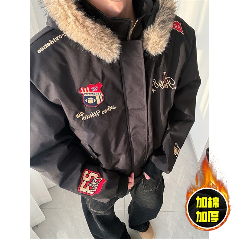 现货高品质美式高街重磅刺绣座山雕大毛毛领棉衣男女加厚棉服外套，男装棉衣，电商A486-1