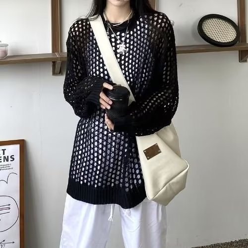 760-P35禁欲系镂空针织衫男气质宽松长袖防晒衣慵懒风透视装卫衣,男装防晒衣,电商B323A