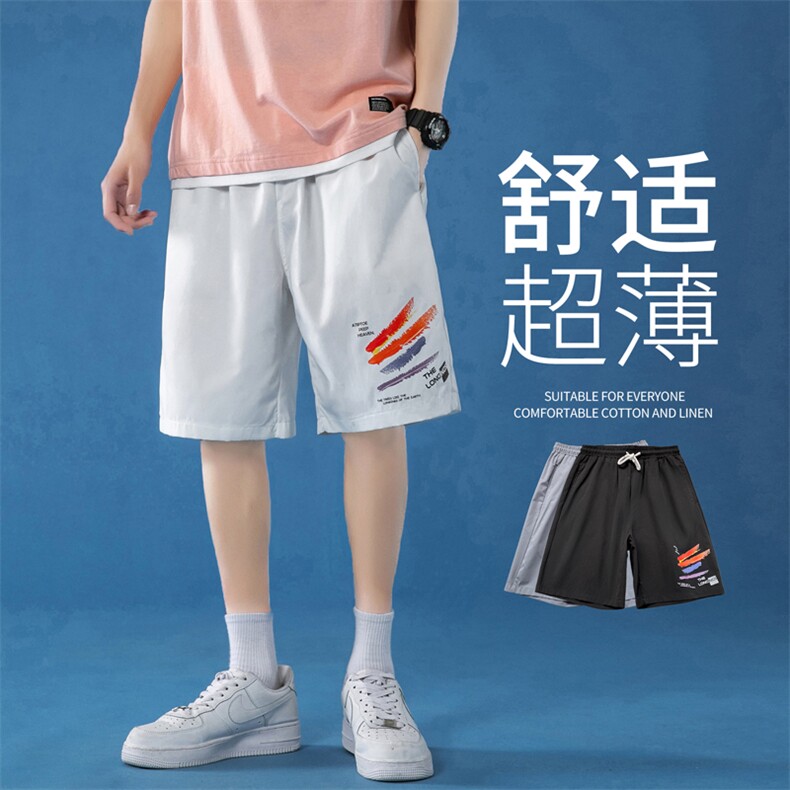 K206P25蓝底百搭夏装字母彩虹印花情侣港风学生五分裤休闲短裤,男装休闲裤,电商A050