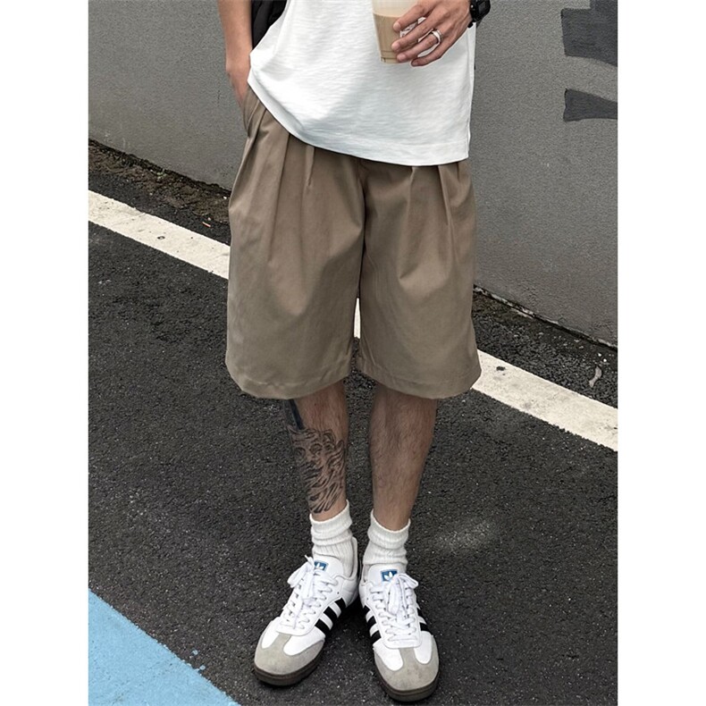 夏季宽松休闲日系卡其色短裤百搭打褶松紧腰阔腿五分裤 K3303图片