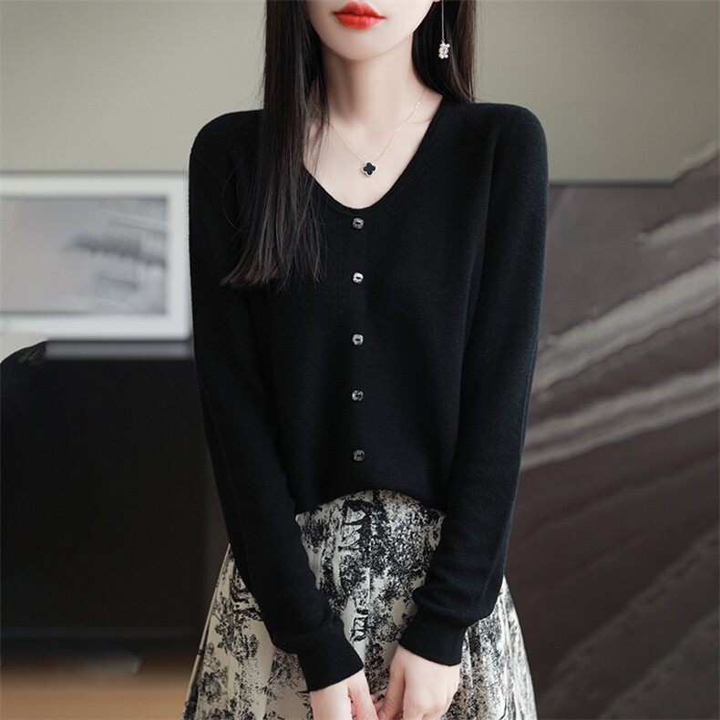 开衫长袖圆领单排扣纯色羊毛2024年秋季针织衫,女装羊毛衫,朝思羊绒
