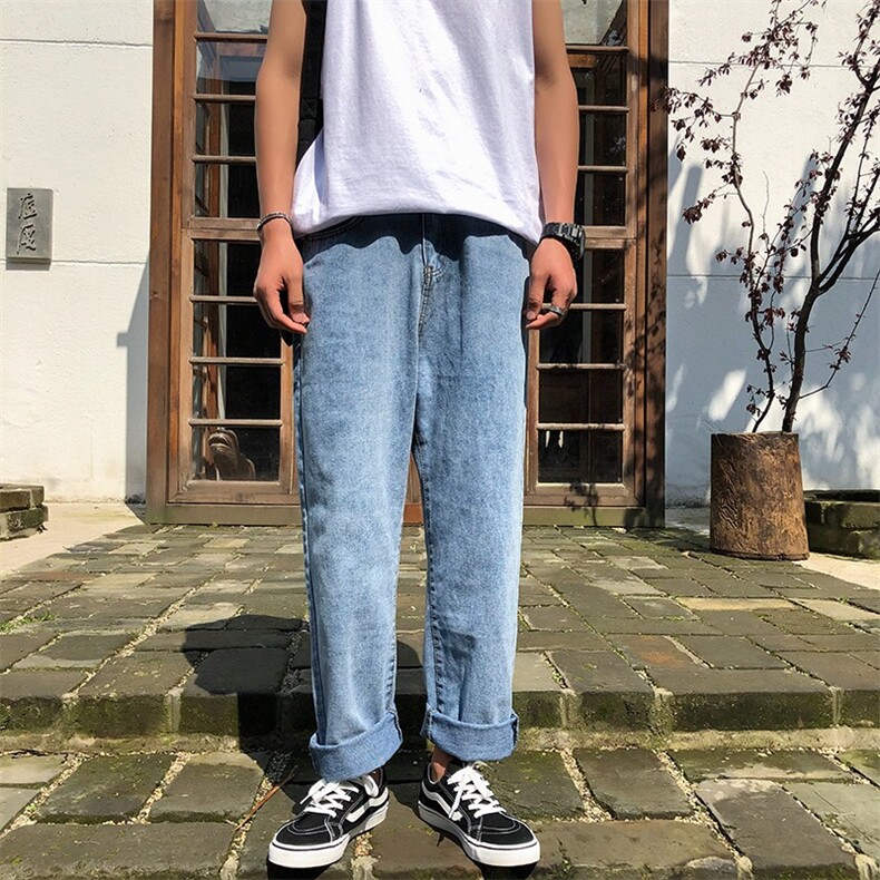 牛仔裤男宽松潮牌潮流港风日系复古坠感阔腿九分休闲裤子W888/P48,男装牛仔裤,星座506