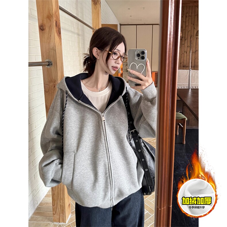 480G重磅加绒硬挺boxy男女秋冬美式高街双层撞色连帽卫衣开衫外套,女装短外套,电商A486