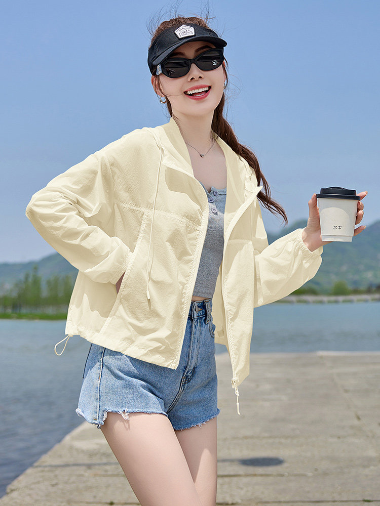 防晒衣女短款薄外套2025夏季新款防紫外线透气户外百搭连帽防晒服,女装防晒衣,以桐