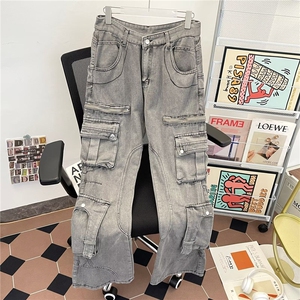 牛仔裤男潮牌多口袋设计感宽松水洗做旧长裤8102 P80图片