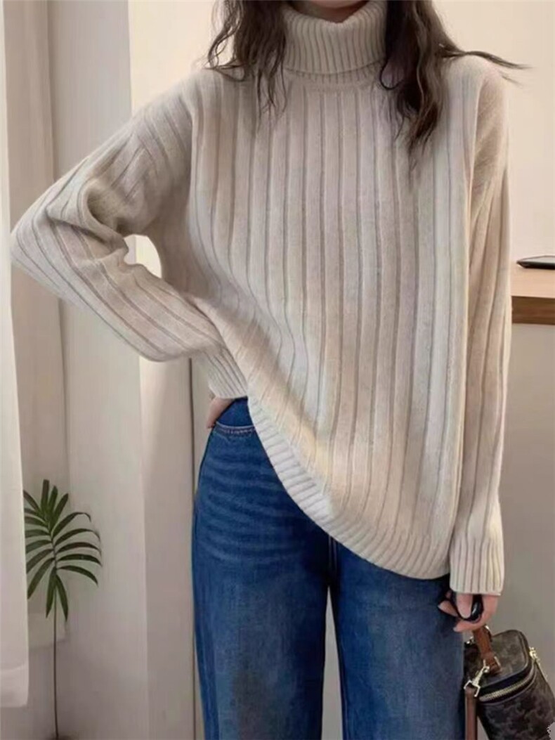 2025年秋季新款百搭坑条高领长袖套衫，女装针织衫/毛衣，恒恩羊绒