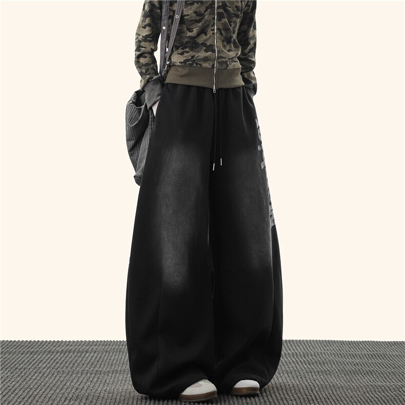 美式复古喷漆字母弯刀卫裤女男秋季水洗渐变休闲裤宽松显瘦运动裤,男装休闲裤,星座224-3