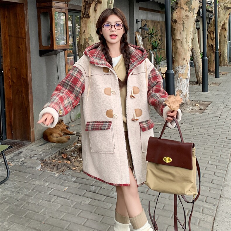 英格兰格子袖仿仿羊羔毛外套显瘦保暖中长款，女装毛呢外套，天使之佳话