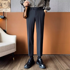 韩版中腰修身微弹男纯色西装裤九分垂感日简约明扣休闲免烫小西裤，男装西服套装，星座506A