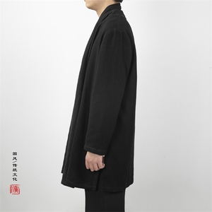 风男装中长款汉服风衣外套棉麻围巾领开衫汉服外套F002P95图片