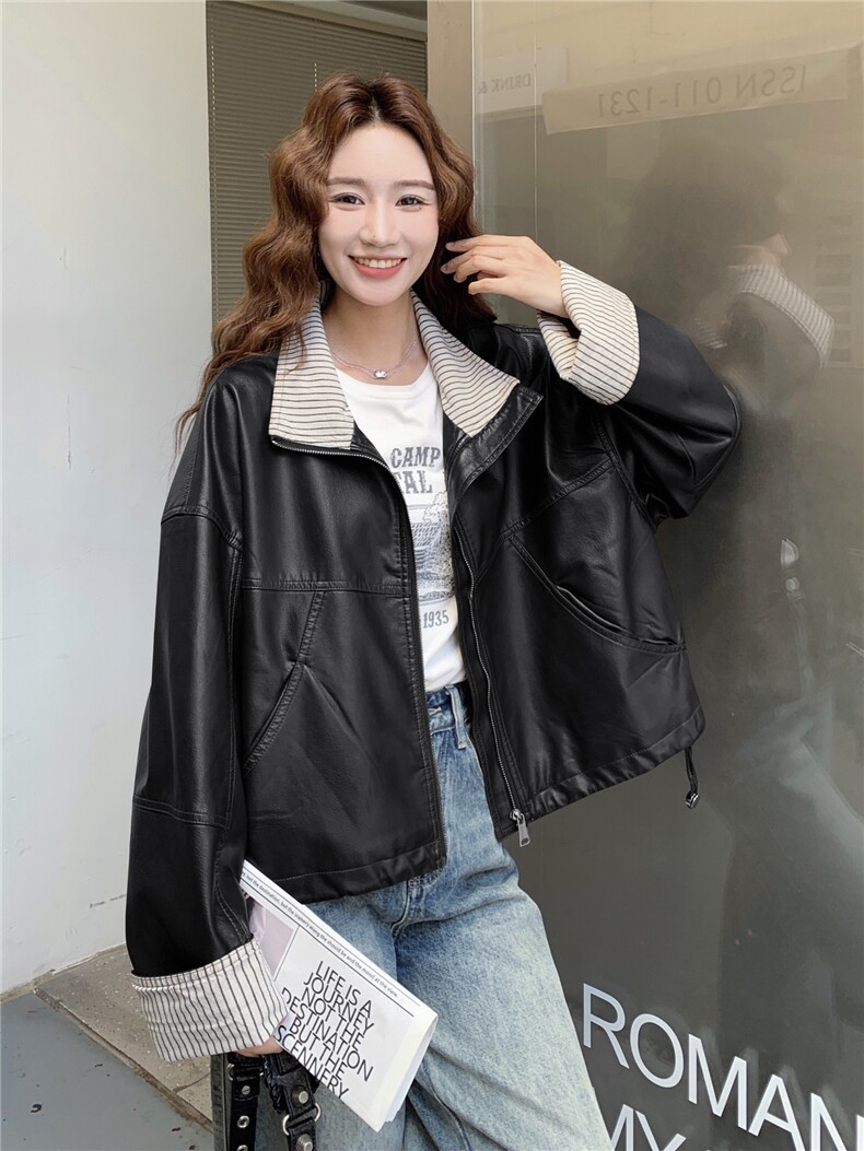 美式复古高级感条纹撞色PU皮衣外套女2025春秋季新款韩系显瘦夹克,女装皮衣,蝶眷
