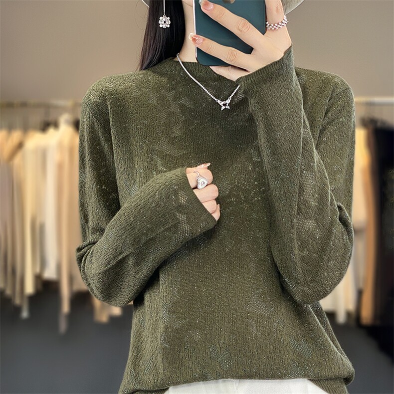 春秋新款羊毛衫女半高领镂空毛衣宽松套头时尚针织打底衫长袖百搭,女装羊毛衫,森墨