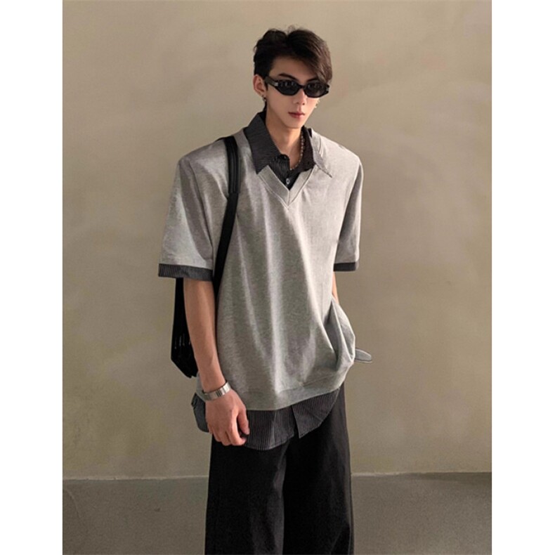 夏季小众高级感假两件设计短袖T恤男翻领痞帅POLO衫潮T0015,男装Polo衫,星座1116A（原606A-3）