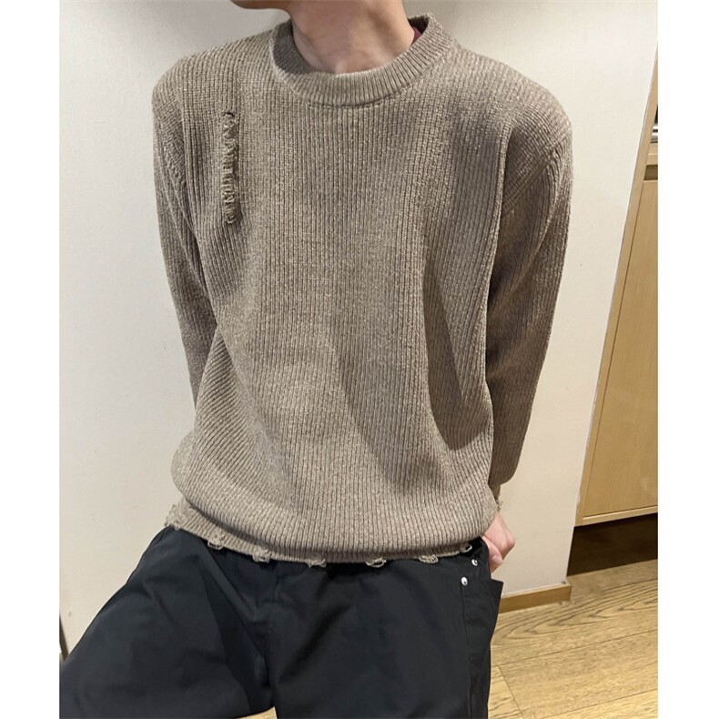 百搭男士圆领毛衣纯色休闲秋冬破洞设计套头毛衣情侣内搭,男装针织衫/毛衣,星座510-1