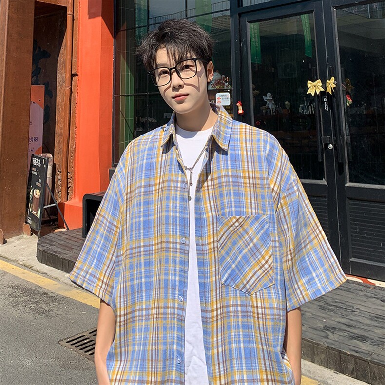 短袖衬衫男夏季新款磨毛格子衬衣DX716-特批26无差价,男装衬衫,星座214-3