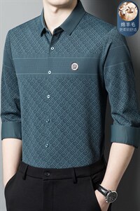 长袖商务休闲男士衬衫男装2023秋季新款绵羊毛印花中年衬衣图片