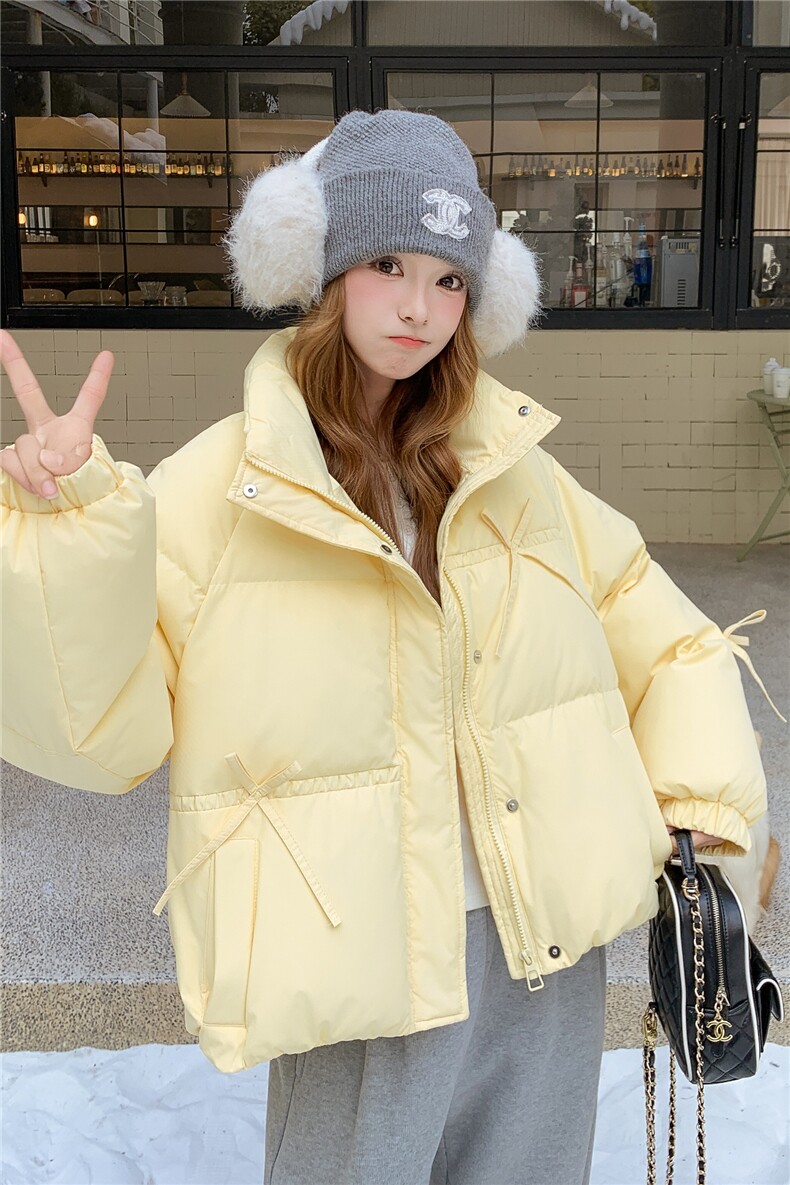 奶黄色短款羽绒服女2025新款冬季白鸭绒小个子立领休闲面包服保暖,女装羽绒服,2C218