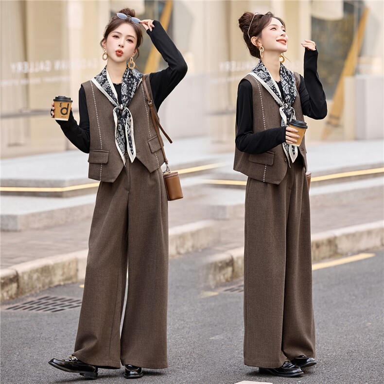 现货韩系穿搭气质套装女2026春季新款西装马甲阔腿裤配丝巾三件套,女装套装/套裙,依如秀(原杭风阁)