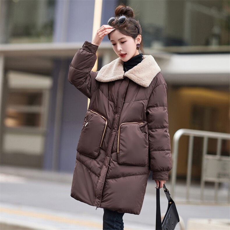现货2023冬季新款拼接加厚中长款羽绒服女白鸭绒防寒外套,女装羽绒服,仟媚宠