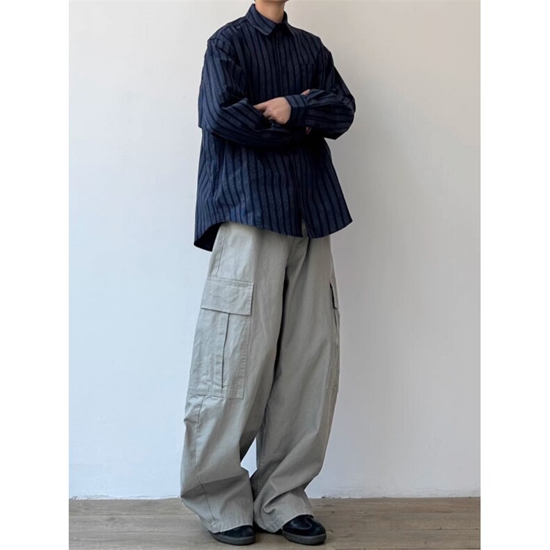 JOYZONE日系覆古竖条纹衬衫男春秋宽松休闲百搭长袖衬衣外套潮流,男装衬衫,星座1210-1