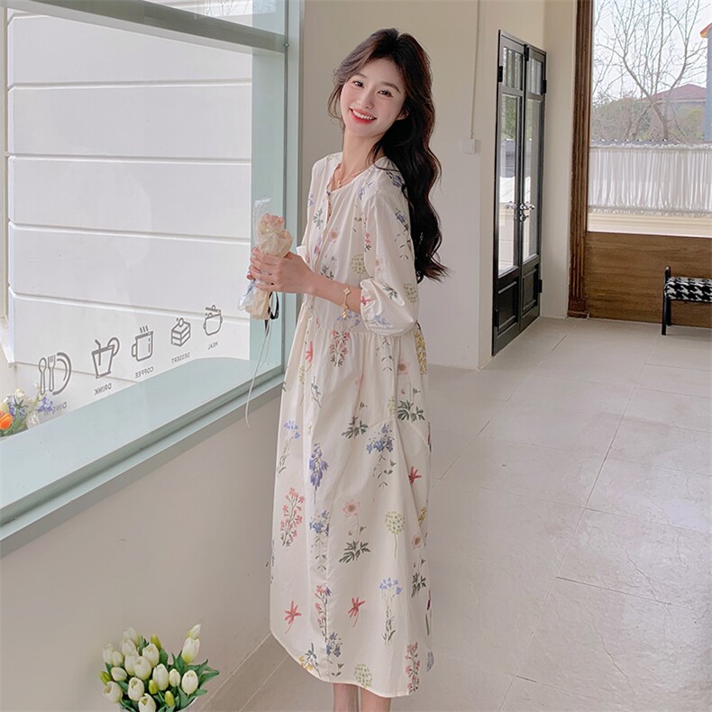 甜美减龄初恋少女印花茶歇桔梗长裙夏季新款小清新减龄连衣裙女裙,女装连衣裙,2D075