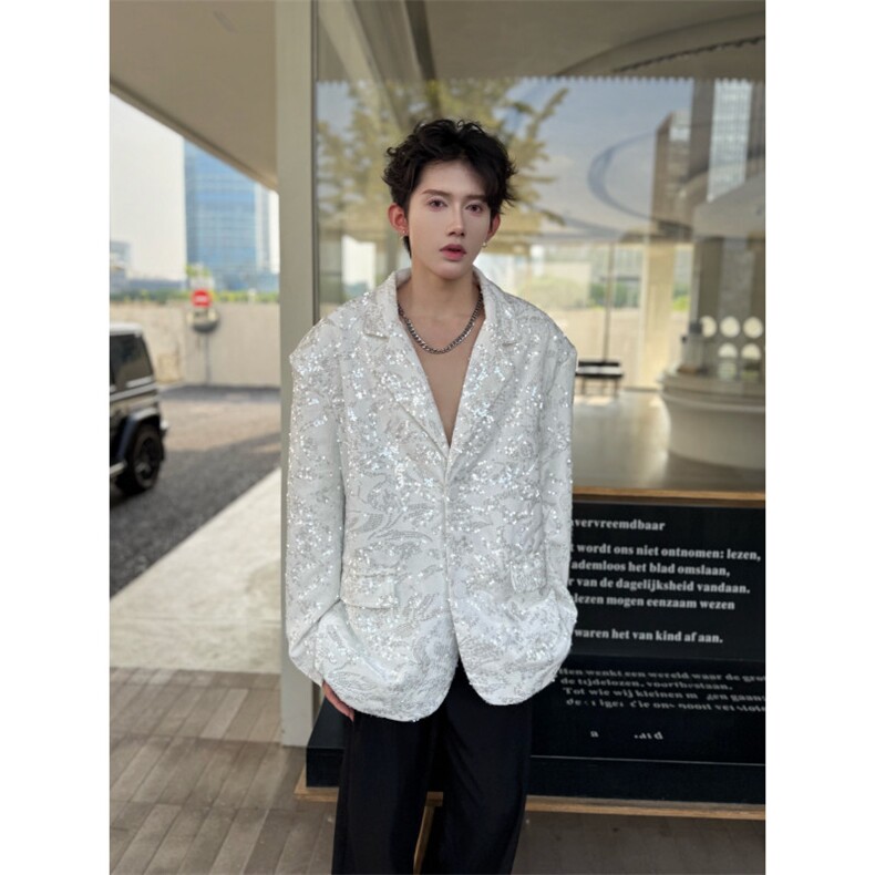 C316XZ8345P128秋新亮片设计宽松西服舞台个性白色外套西装,男装西服,电商C316