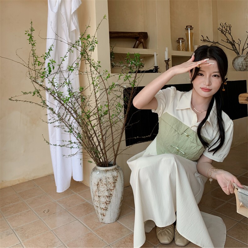 现货新款夏装2024年新中式假两件洋气减龄小个子显瘦连衣裙,女装连衣裙,乔米娜