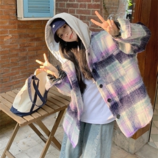 A274-P120秋冬新款双层内里长毛呢格纹外套设计感宽松连帽上衣，女装短外套，星座911