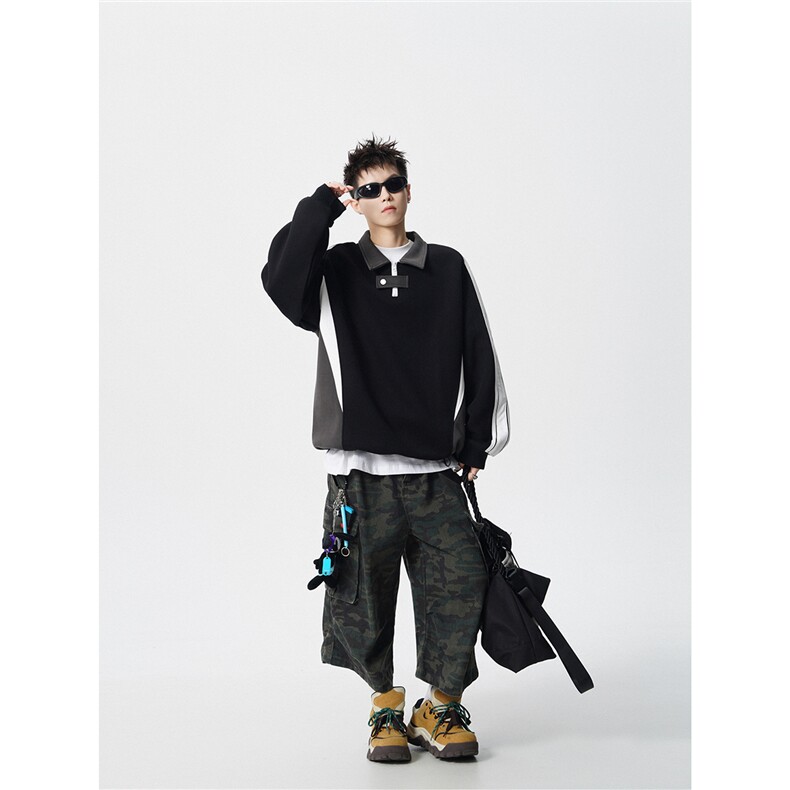 可二开半拉链拼接设计卫衣M-5XL大码POLO衫翻领T恤WY78116P65控98，男装Polo衫，星座226-1