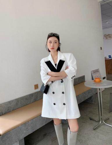 现货韩版薄料格子西服牛仔裙韩系直筒连衣裙，女装连衣裙，PINK