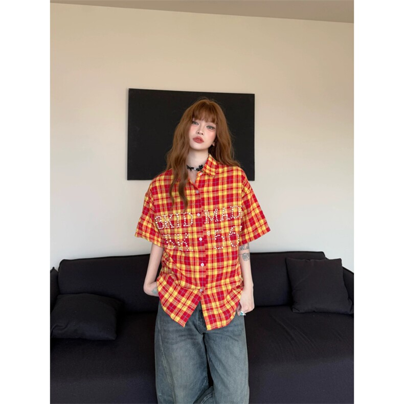 网图有货美式复古珍珠短袖格子衬衫男女宽松情侣衬衣A601-P45,男装T恤,星座1505