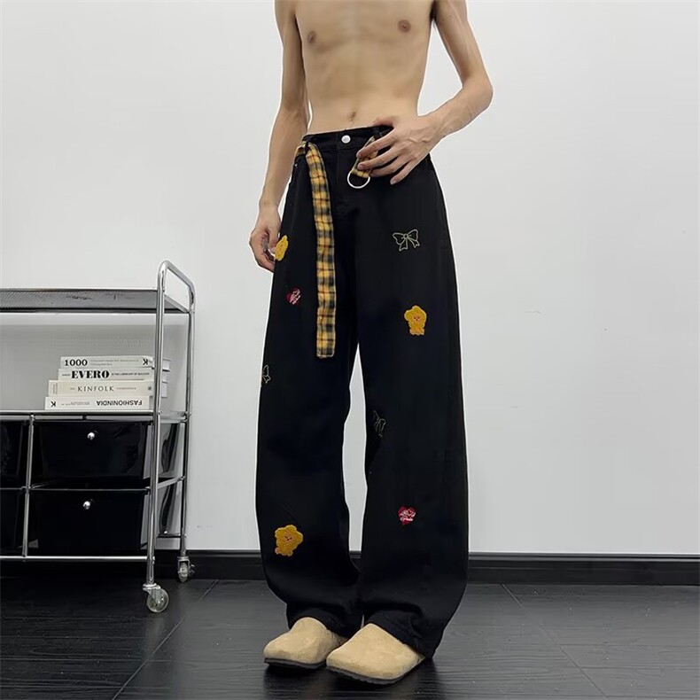 刺绣设计感卡通牛仔裤男2025秋季情侣款宽松直筒休闲裤RK3139-P48,男装牛仔裤,星座412-3