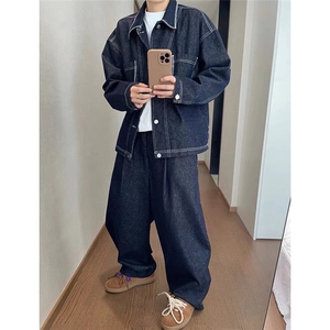得物二开 秋季重磅复古丹宁色宽松明线牛仔夹克外套男JK1287-P78图片