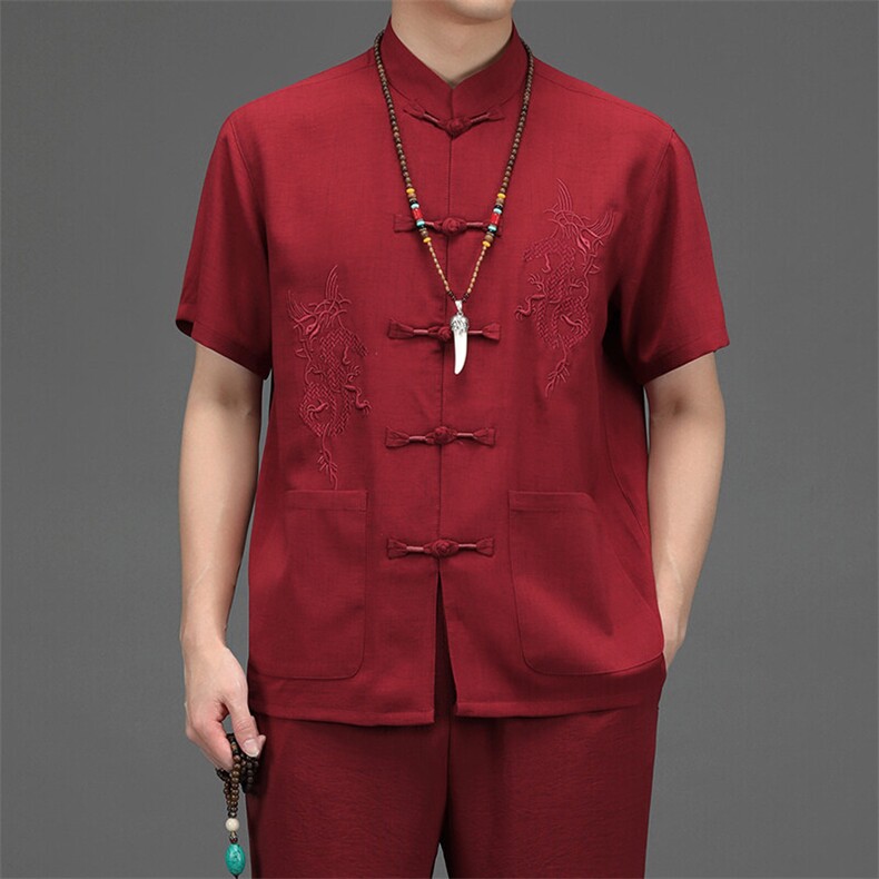 风高品质刺绣唐装男装夏季中老年人棉麻中式汉服爸爸套装,男装休闲套装,钱塘6003（原4033）