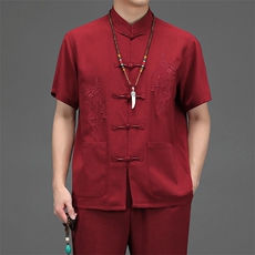 风高品质刺绣唐装男装夏季中老年人棉麻中式汉服爸爸套装，男装休闲套装，钱塘6003（原4033）