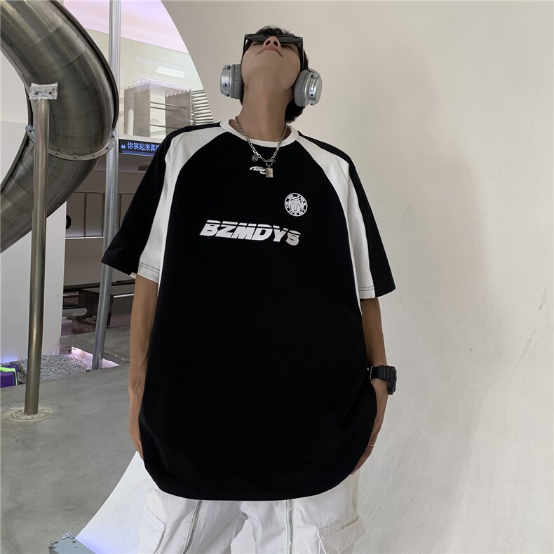 港风夏装潮插肩袖撞色赛车服情侣短袖T恤印花上衣男G1056P38,男装T恤,电商A339