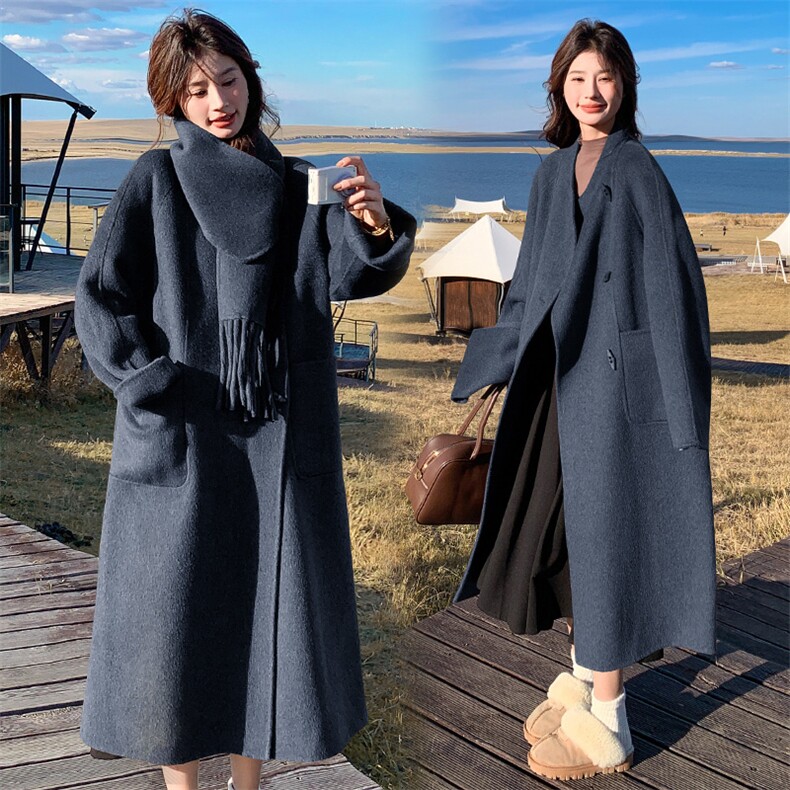 韩版加厚中长款双面羊绒大衣女2025年秋冬季新款显瘦围巾呢子外套,女装双面呢大衣,韩蜜菓