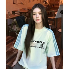 抖音得物品质二开240克宽松纯棉美式潮牌印花三条杠中性风短袖T恤，男装T恤，电商A486