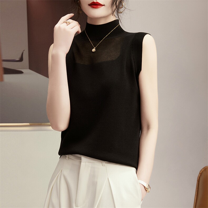 2024年夏季半高领纯色无袖显瘦套头修身背心，女装背心吊带，朝思羊绒