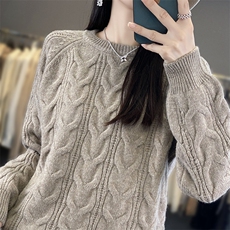 2025年秋季圆领套头单件长袖麻花舒适束手待毙通勤，女装针织衫/毛衣，伊绒腾羊绒